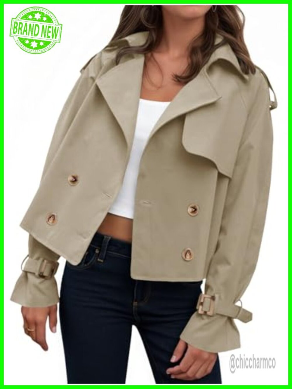 Cropped Trench Coat Oversized Double Breasted Lapel Long Sleeve Jacket